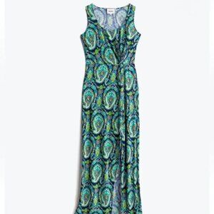 Leota Blue and Green Paisley Maxi Dress With Knot Detail and Slit